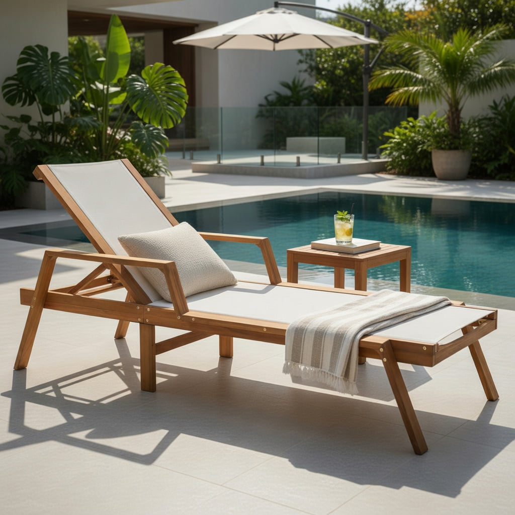 Hommoo Acacia Wood Patio Chaise Lounge Chair with Adjustable Backrest, Breathable Fabric Seat & Armrests, for Backyard, Poolside & Garden, White