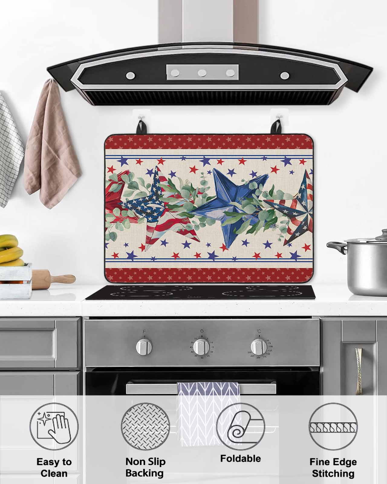 nqOlkjepod Large Induction Cooktop Protector Mat 24"x21", Red 4th of July Stove Top Covers for Electric Stove, Independence Day Star Vintage Decorative Stove Burner Cover Mats, Glass Top Stove Cover