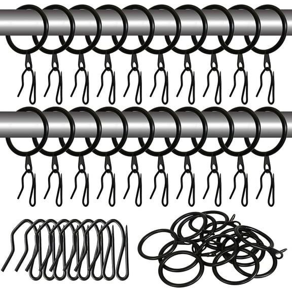 Metal Drapery Curtain Rings - 32 Pieces Curtain Hanging Rings and 32 Pieces Metal Curtain Hooks for Window Door Shower Curtain, 30 mm Internal Diameter Sliding Eyelet Curtain Rod Rings (Black)