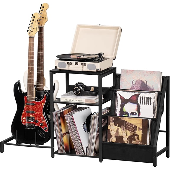 AENKYO Record Player Stand, Black Adjustable Guitar Stand for Acoustic Guitar, Electric Guitar, Bass, Turntable Stand with Vinyl Display Shelf Storage Up to 150 Albums, End Table for Music Room