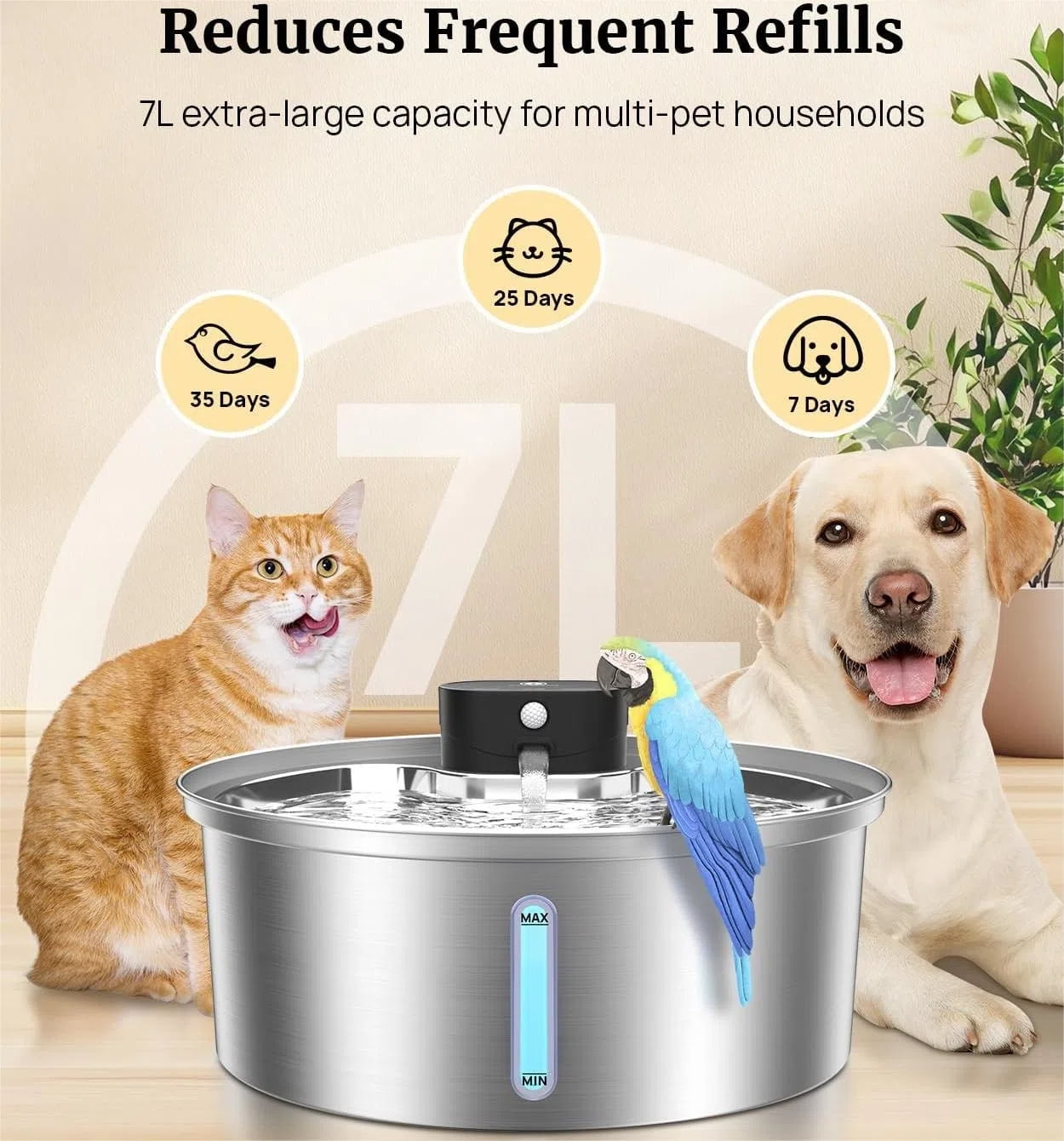 Wireless Pet Water Fountain 236OZ/7L, Stainless Steel Cordless Sensory Dog Water Fountain with 2 Filters, Rechargeable Battery Operated 3 Modes Automatic Pet Water Dispenser for Cats Dogs Drinking