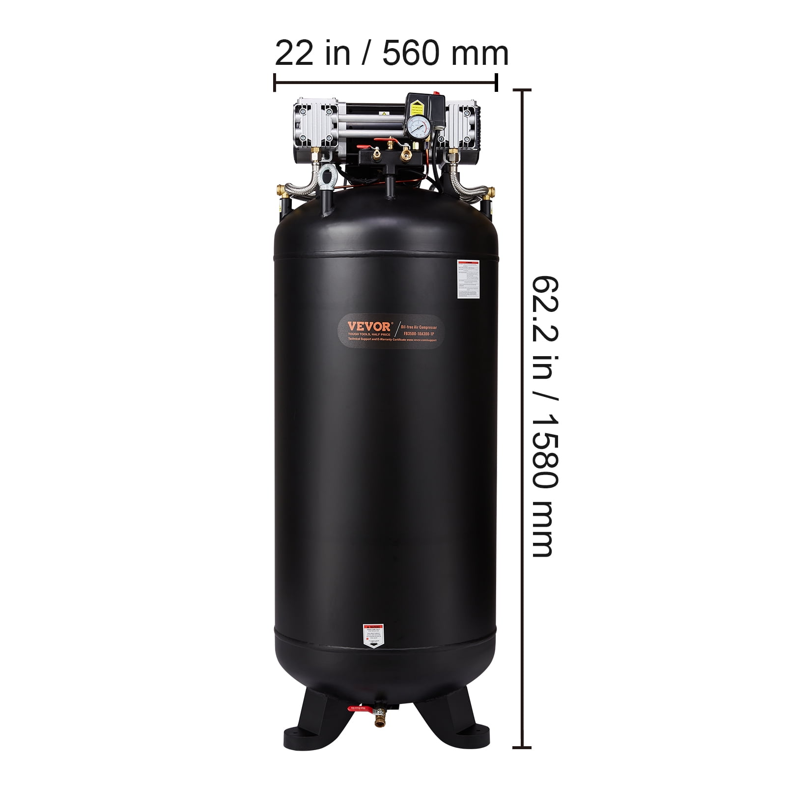 VEVOR 80 Gallon Compressor, 6.5HP, 15.5SCFM@90 PSI, Dual-Stage 145PSI, Oil-Free, 86dB Quiet Operation, Ideal for Manufacturing, Construction, Auto Repair
