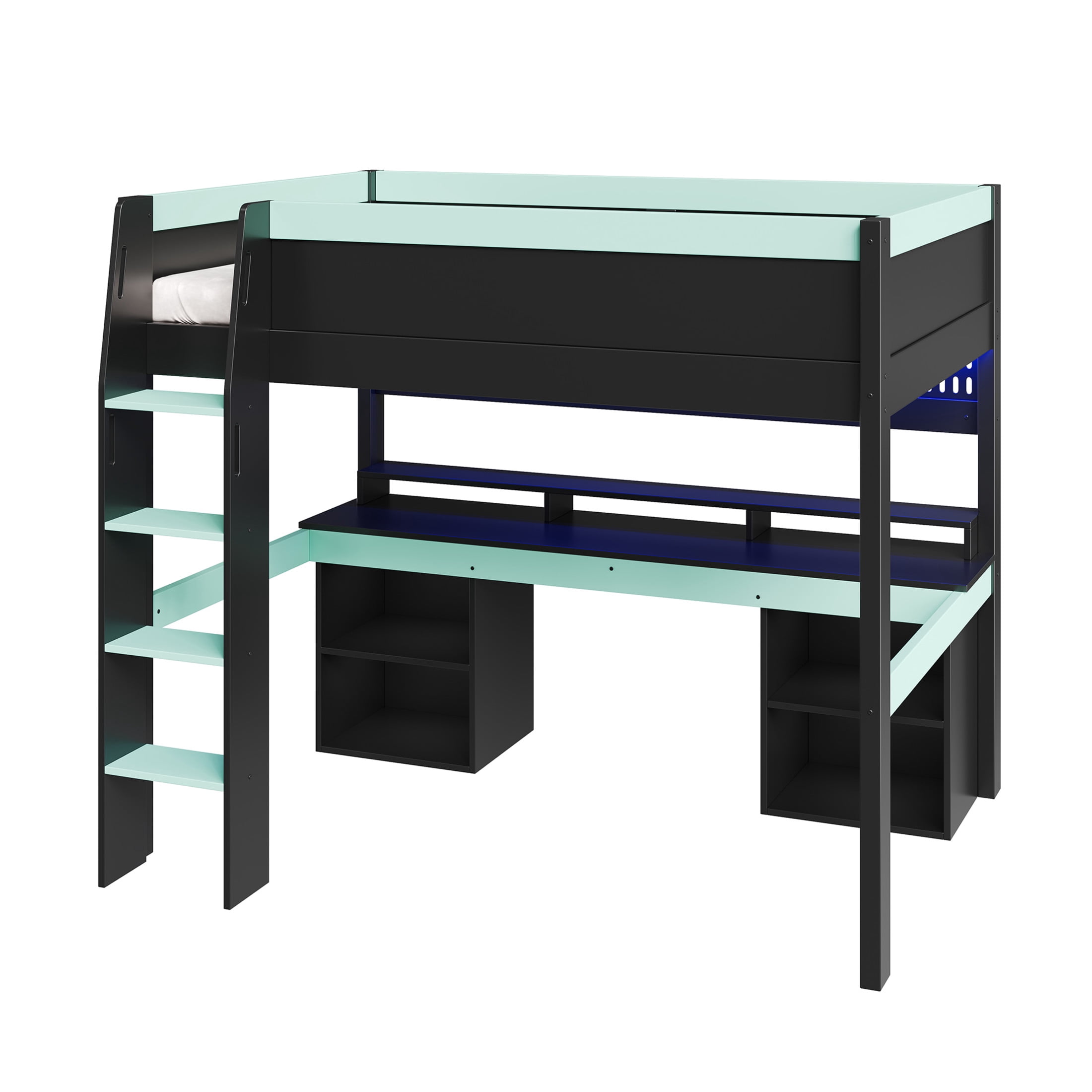 Noble House Dalmor Full Size Loft Bed with Multi-Color LED Lights, Detachable Pegboard & Gaming Desk, Black & Blue