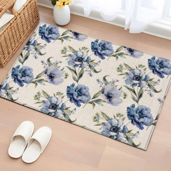 Entryway Rug 2'x3', Navy Blue Floral Small Rug for Kitchen Bathroom Door Mat Indoor Entrance, Vintage Flowers Elegant Pastoral Rustic Non-Slip Area Rugs Floor Mats Carpet Front Door Rugs