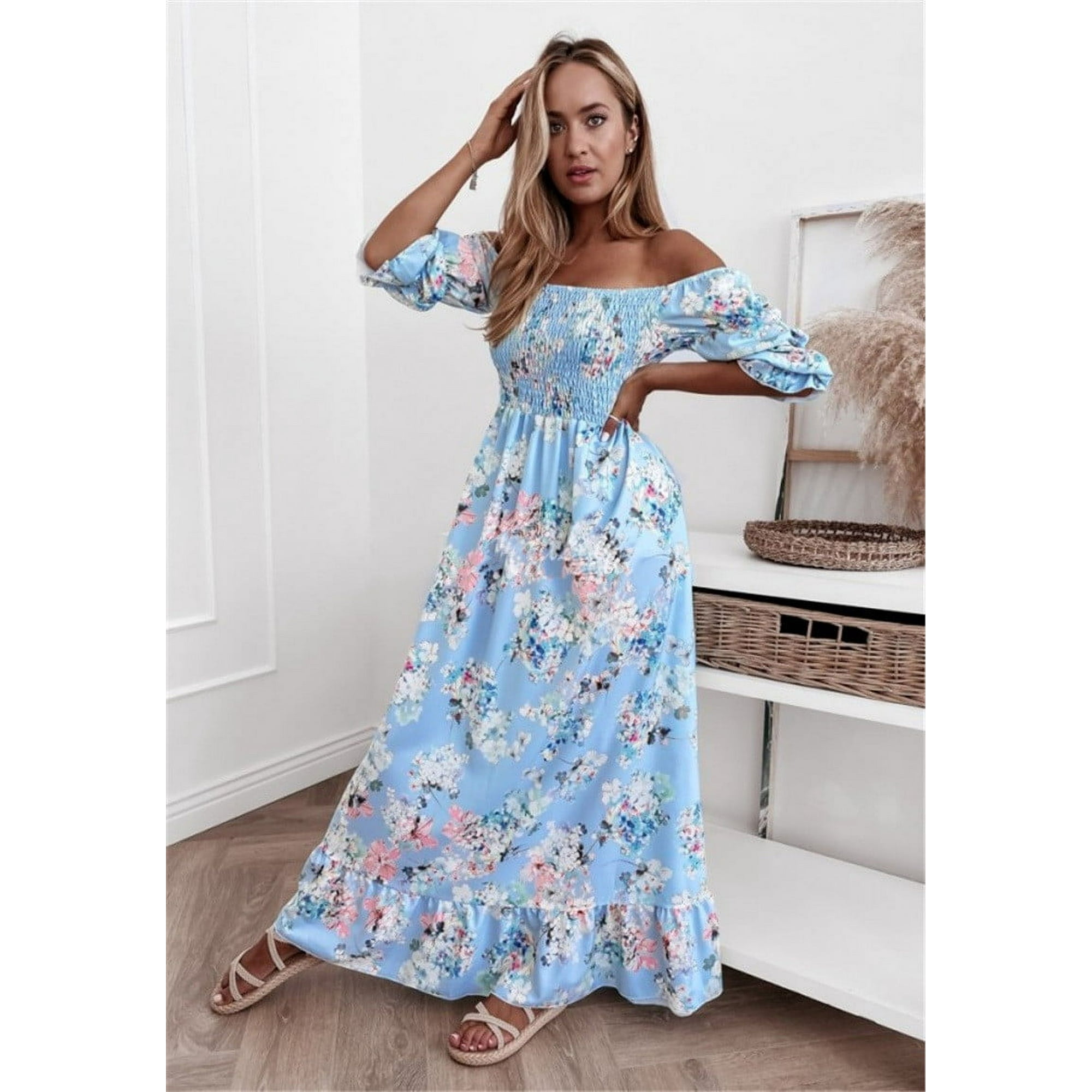 pstuiky Womens Dresses Women s Fashion Summer Straight Shoulder Printing Short Sleeve Ankle length Dress Wear to Work Dresses Summer Savings