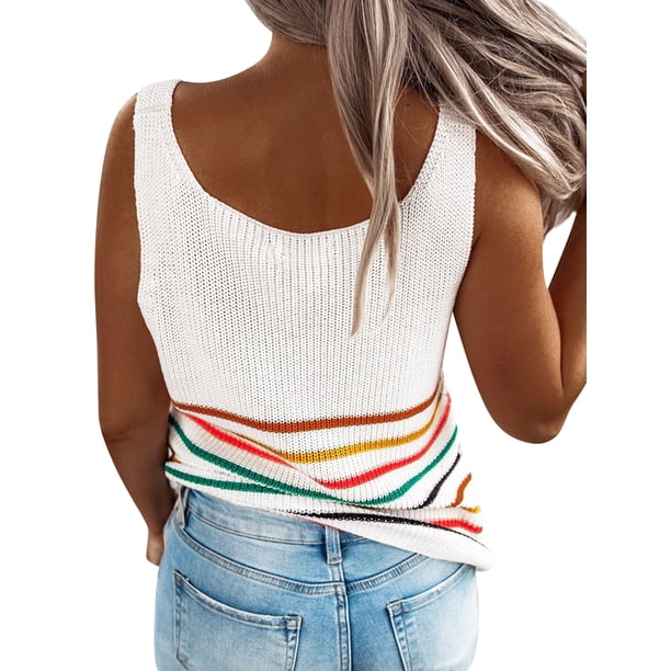 Women Rainbow Stripe U Neck Sleeveless Knitting Tank Top - Walmart