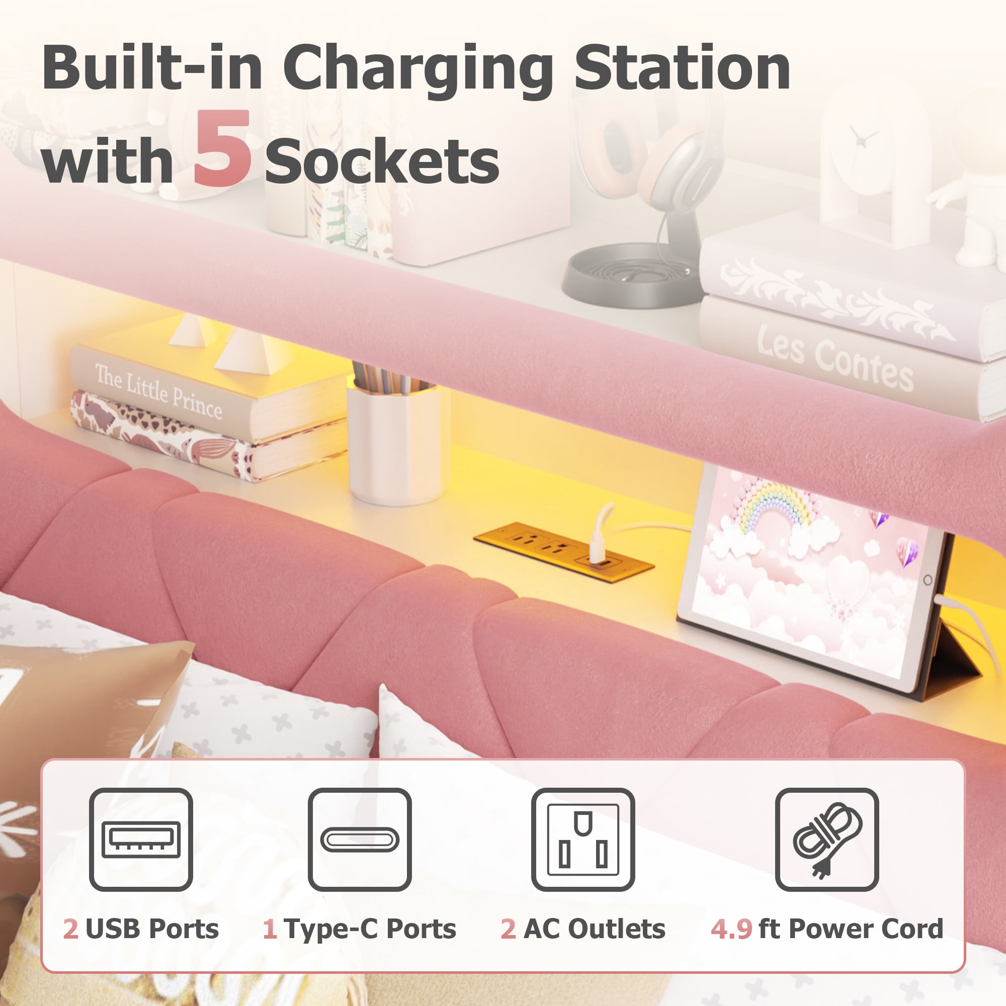 Anyact Full Bed Frame with 2-Tier Storage Headboard, Metal Platform Bed Frame with 2 Storage Drawers, Built in Charging Station & LED, Pink