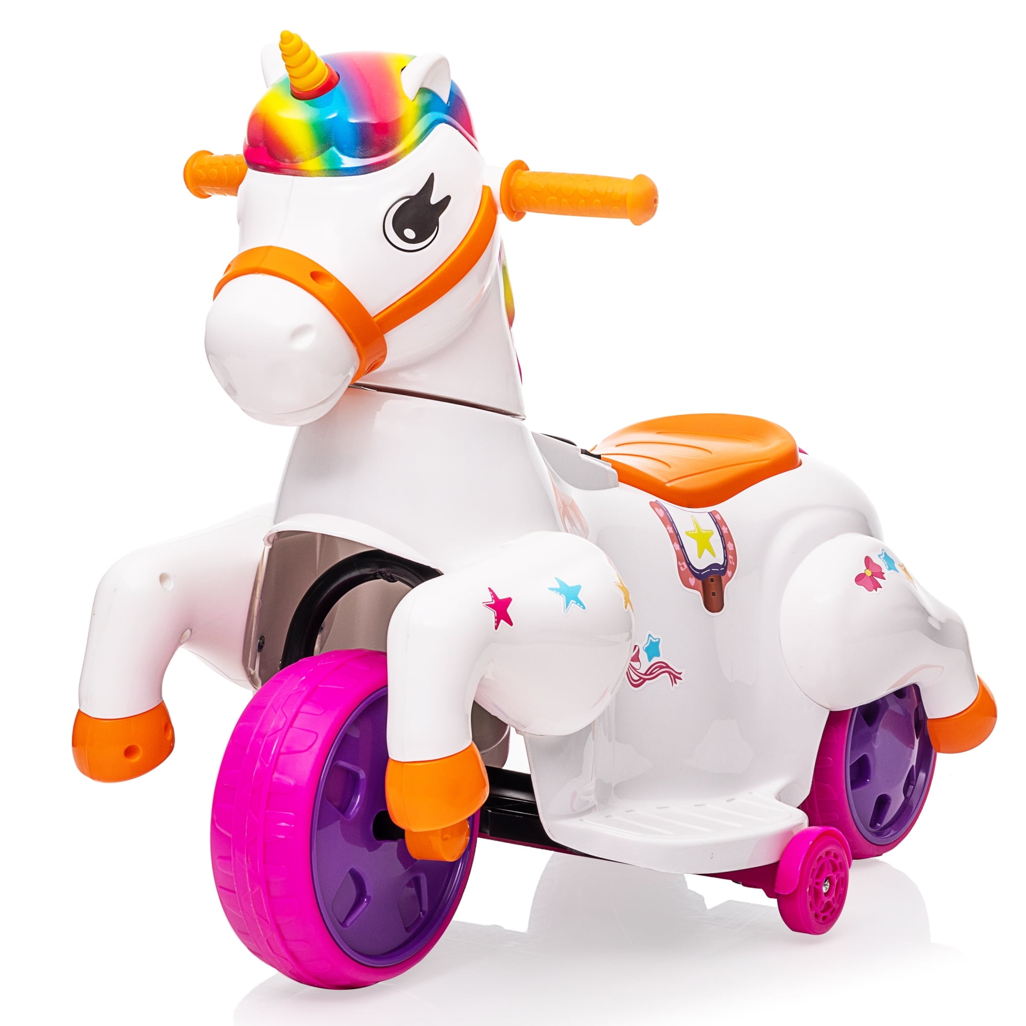 Jaxpety 6V Kids Ride on Unicorn, Rocking Horse Pony Toy Electric Car for Boys Girls w/ Music, Training Wheels, Colorful