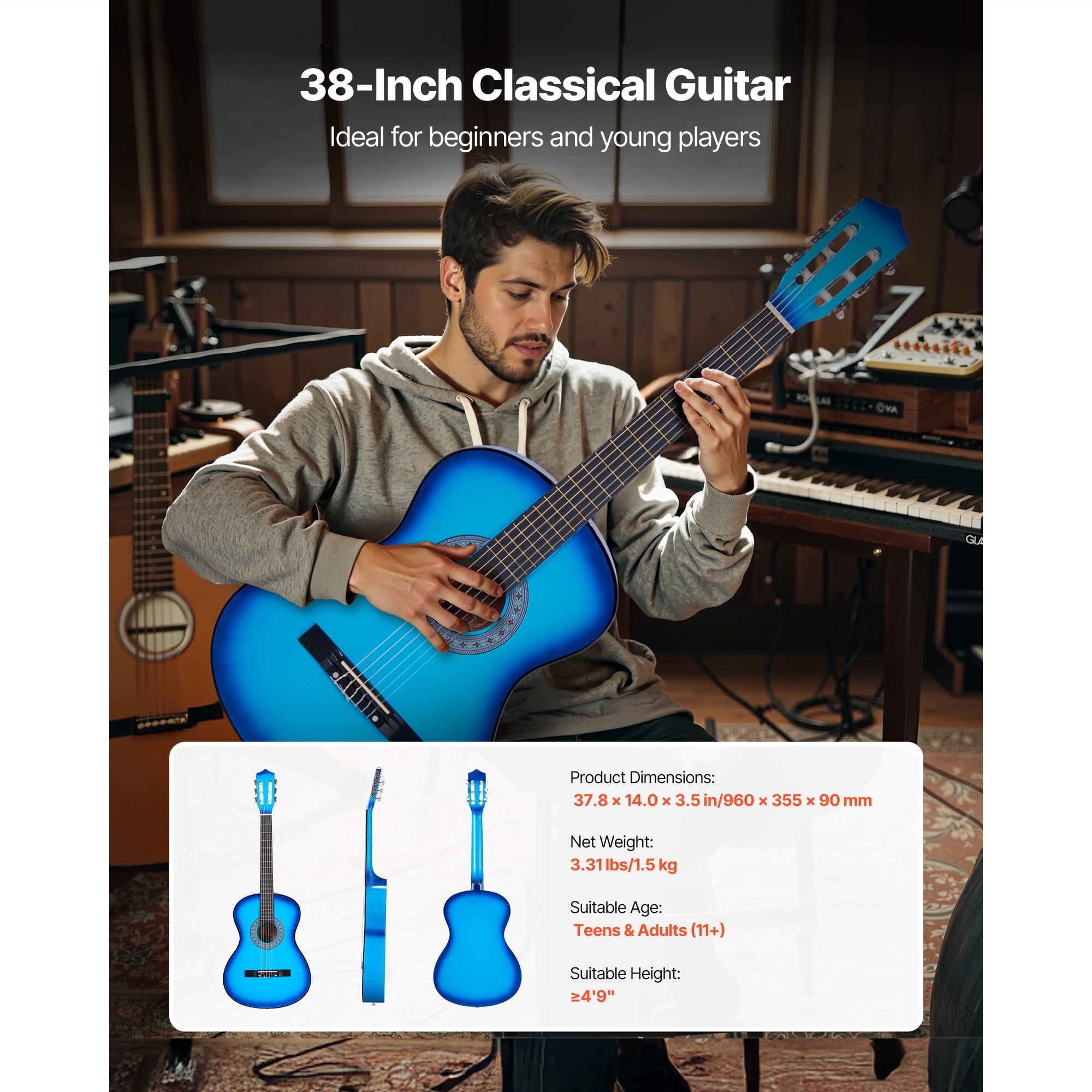 KFFKFF 38-Inch Classical Guitar Starter Set, Wooden Acoustic Guitar for Beginners, Includes Nylon Strings, Carry Bag, Strap, Tuner, Spare Strings, Picks, Capo, Ideal for Teens, Adults, and Students