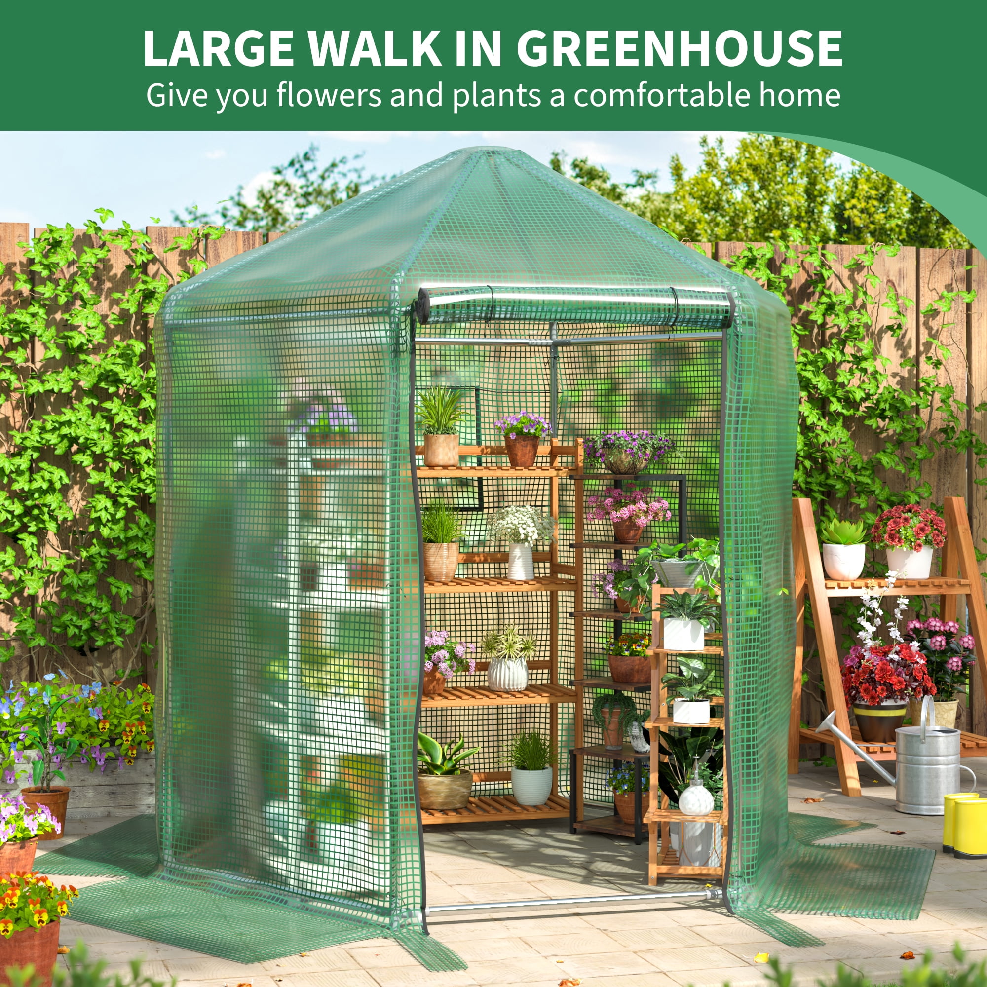 Polar Aurora 7x7x7.3 ft Walk-in Greenhouse,With Heavy-Duty Metal Frame and 180g Double Layer PE Cover, Indoor and Outdoor Green house Kit for Garden/Patio/Backyard