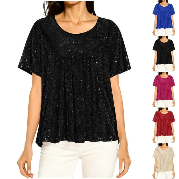 RKSTN Women's Oversized Sequin T Shirts Summer Sparkly Glitter Crewneck Ruffled Short Sleeve Shirts Pullover Top Womens Casual Solid Plus Size Round Neck Loose Double Layer Shimmer Effect Tee Shirt
