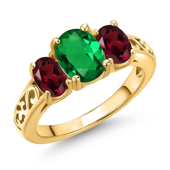 Gem Stone King 18K Yellow Gold Plated Silver Green Nano Emerald and Red Rhodolite Garnet Filigree Style 3 Stone Ring for Women (1.75 Cttw, Oval 8X6MM and 6X4MM) (Size 8)