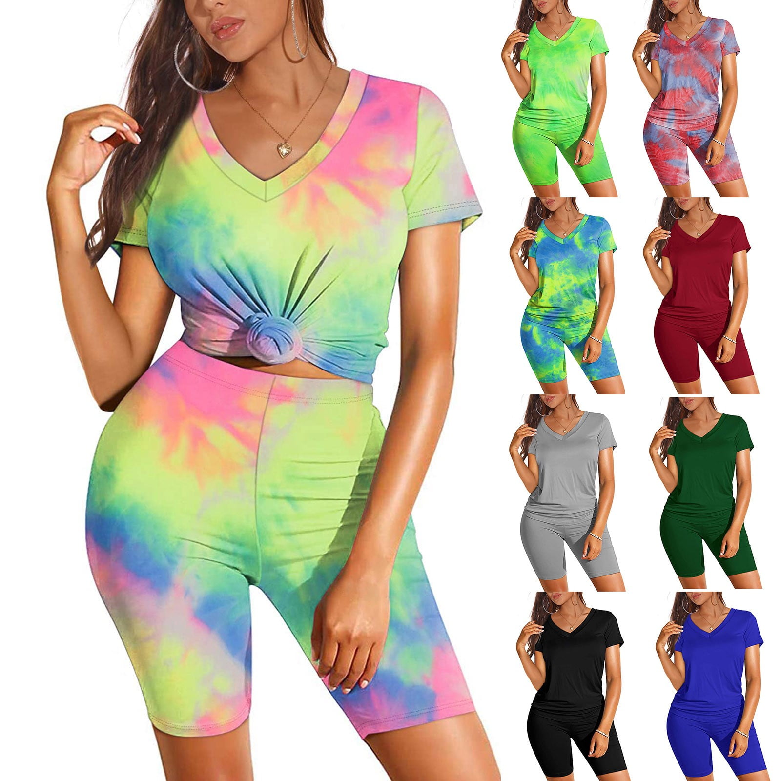 Short Sleeve V Neck Biker Shorts Set 