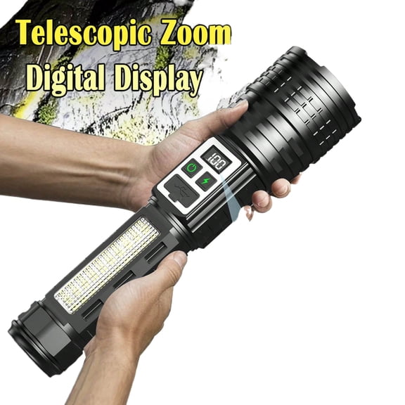 Rechargeable LED Flashlight with Digital Display & Tail Magnet, Black, 1 Pack