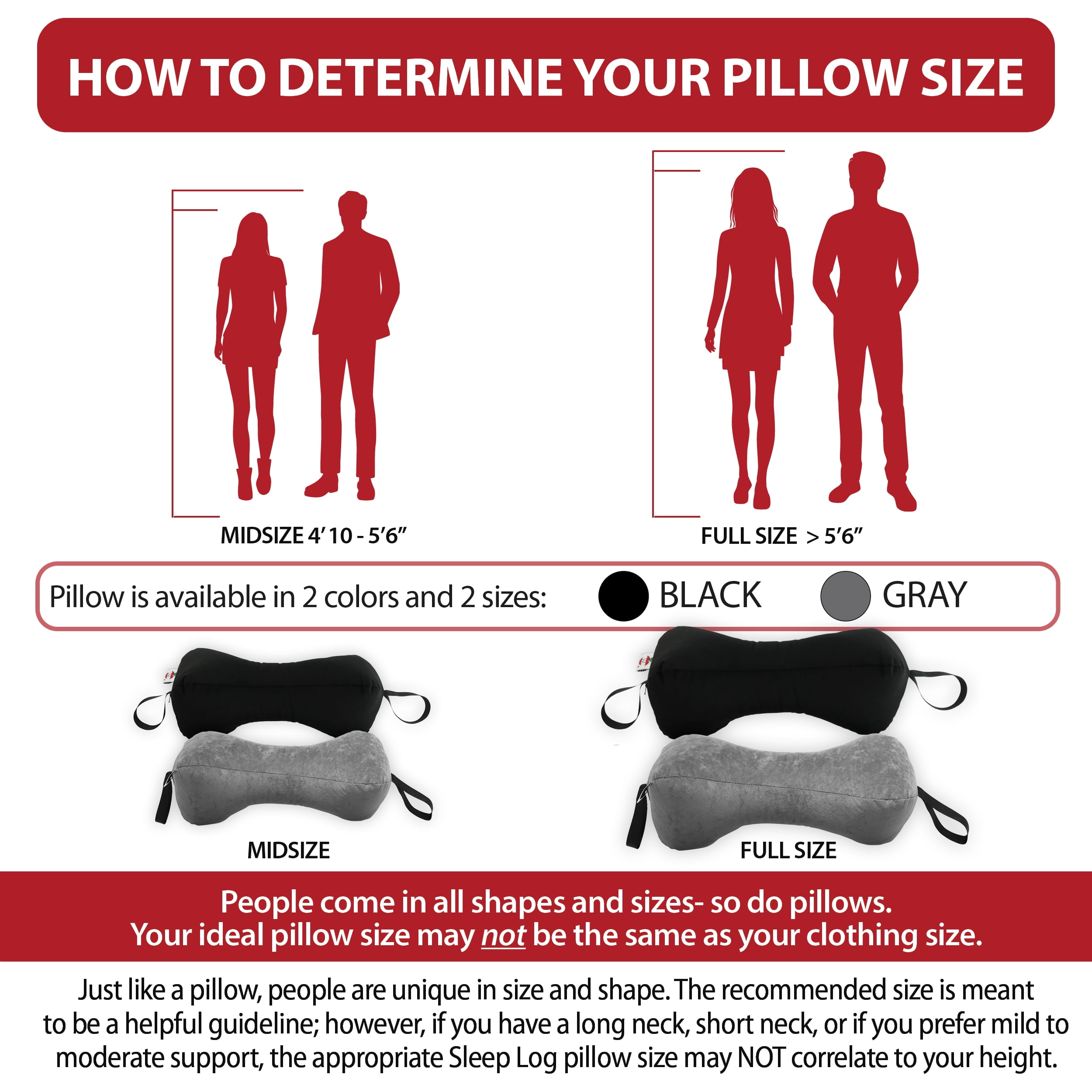 Sleep Log Bone Shaped Chiropractic Neck and Back Pillow for Cervical Support, Adjustable Firmness, Midsize - Travel or Use at Home, 13" x 6" x 6", 60" Strap
