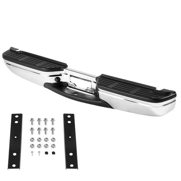 KFFKFF Back Step Bumper, Suitable for 1999-2007 Ford F250/Ford F350 Super Duty, Rear Bumper Assembly Replacement with License Plate Light and Step Pad, for FO1101141,Chrome Steel Rear Bumper,