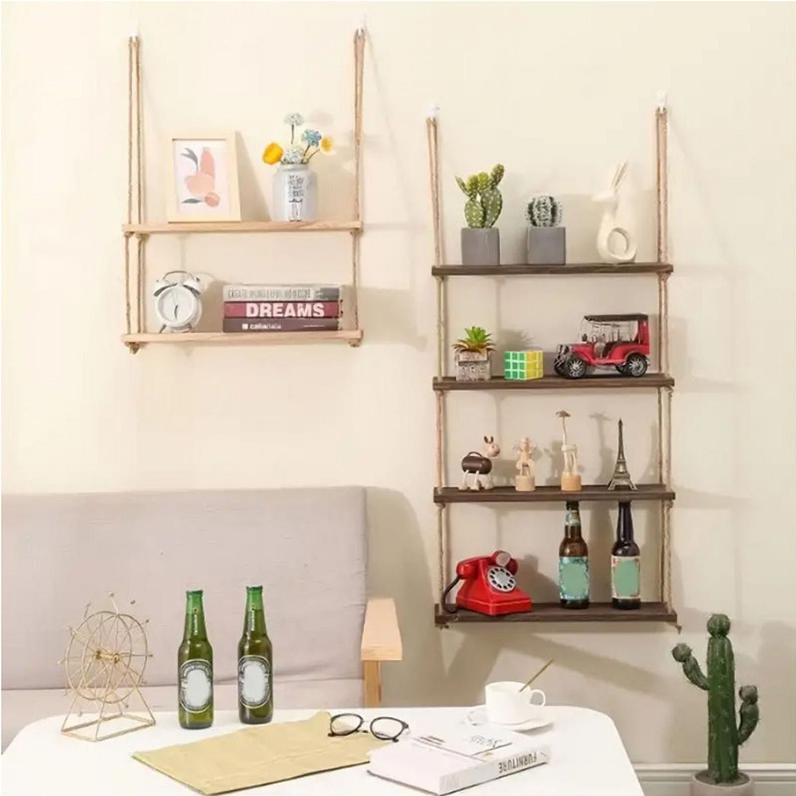 Wooden Floating Shelves for Wall Plant Flower Wood Swing Hanging Rope Storage Home Living Room Decor 1/2/3-tier