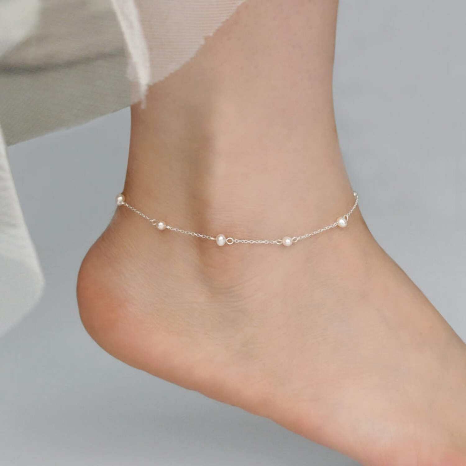 S925 Freshwater Pearl Anklet, Silver Dainty Anklet