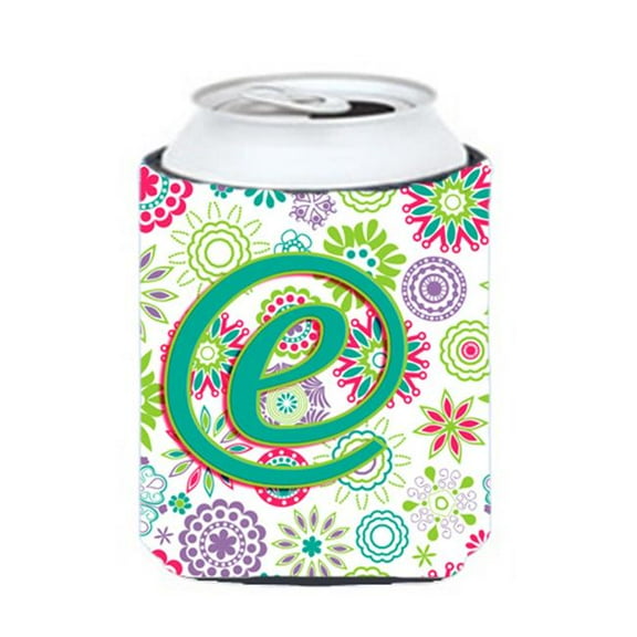 Letter E Flowers Pink Teal Green Initial Can & Bottle Hugger