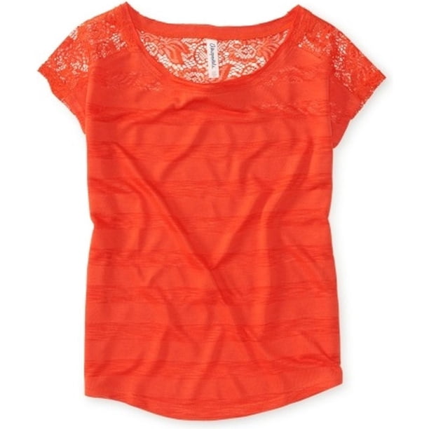 Aeropostale Blusa de encaje con espalda a rayas para mujer, naranja, grande