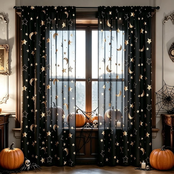 Byndra Halloween Sheer Curtain Panel, Gold Foil Star Window Drape with Light Filtering Fabric, Black Holiday Decor for Living Room and Bedroom and Party Window Style