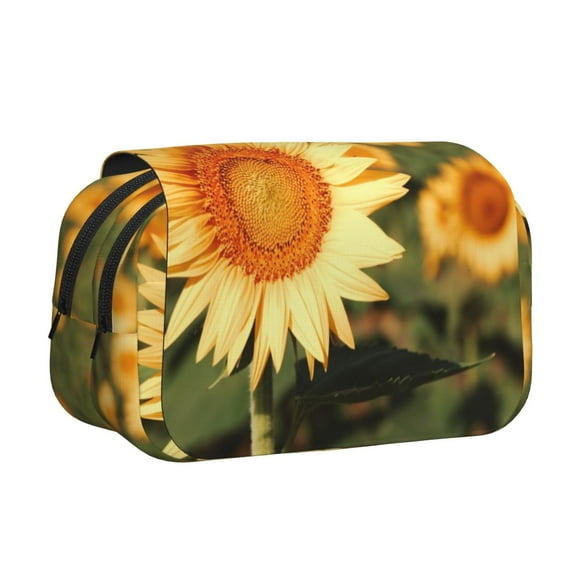 Kdxio Golden Sunflower In Field Print Pen Case Double Clamshell Durable Oxford Fabric Organizer for School Travel Art Supplies