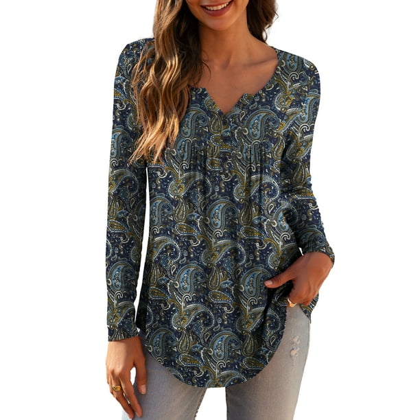 a.Jesdani Womens Plus Size Long Sleeve Tunic Tops Casual Floral Henley ...