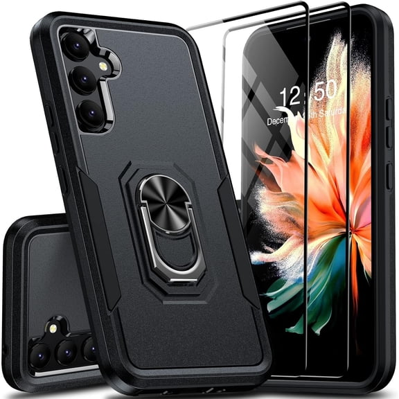 Samsung Galaxy A54 5G Case: 4-in-1 with 2 Tempered Glass Screen Protectors, Rotatable Stand Ring, 10FT Military Protection - Black