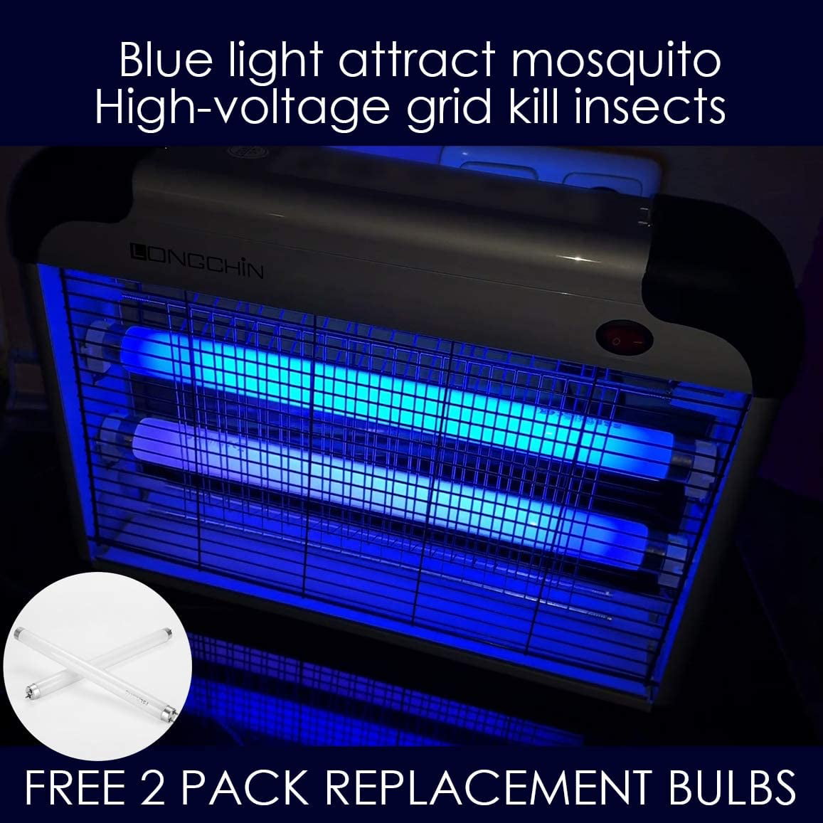 for Residential & Commercial Indoor Use Only Powerful 2800V Grid Moth Mosquito Longchin Indoor Electric Insect Killer & Bug Zapper 2-Pack Replacement Bulbs Included 20W Fly Killer Bug 