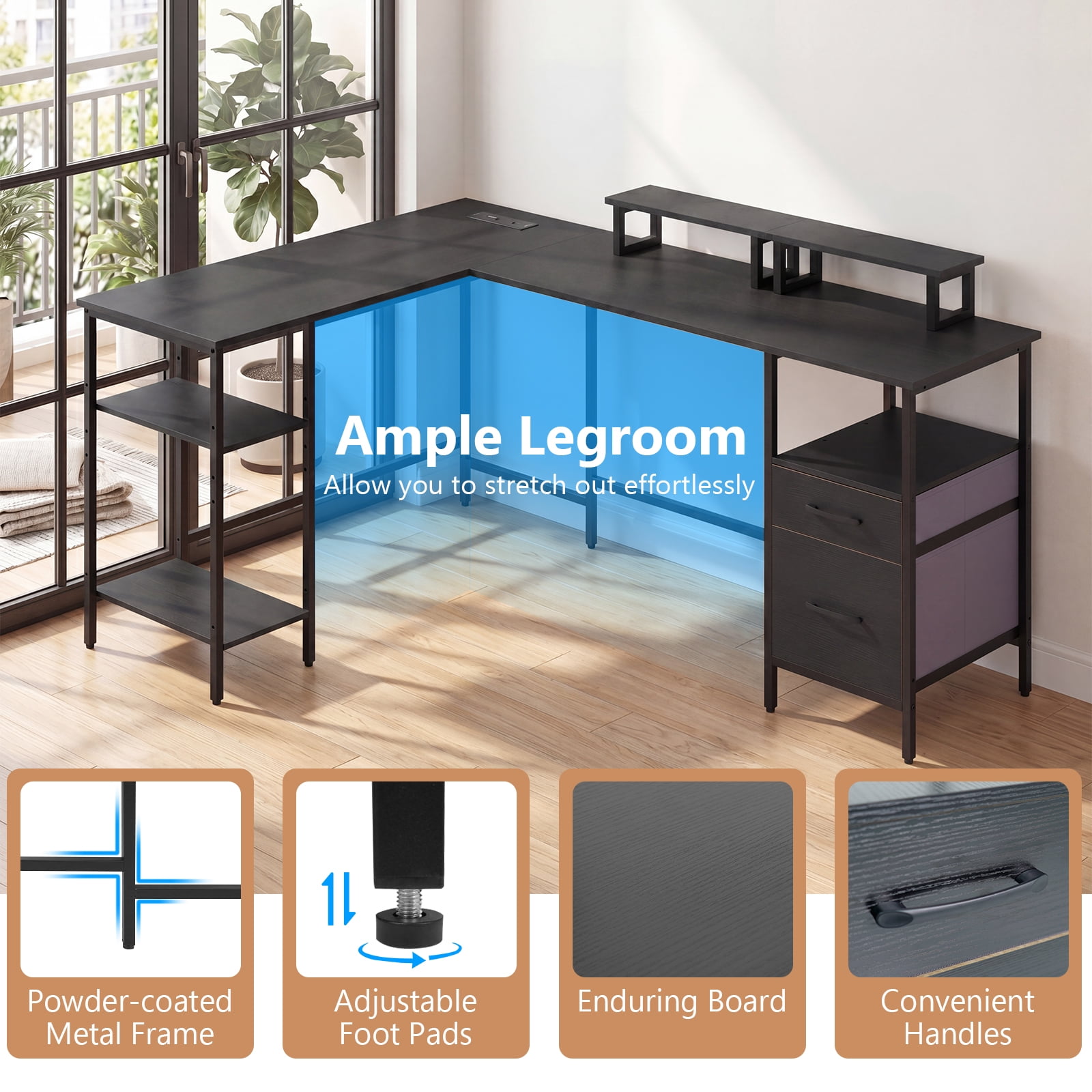 Costway L Shaped Desk with Power Outlet, Reversible Computer Desk with Monitor Stands Gray + Black