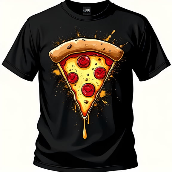 Colorful Pizza Graphic Black T-Shirt Dripping Cheese & Pepperoni Design for Pizza Lovers