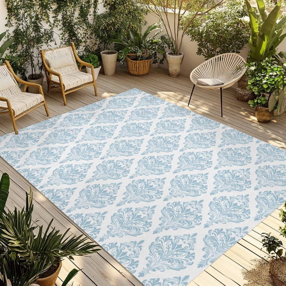 Blue Floral Boho Outdoor Rug 3x5 Ft - Reversible Patio Rug Outdoor Camping Rugs, Vintage Ethnic Tribe Abstract Art Washable Indoor Outdoor Area Rugs, Non-Slip Outdoor Carpet Runner for Deck/Porch
