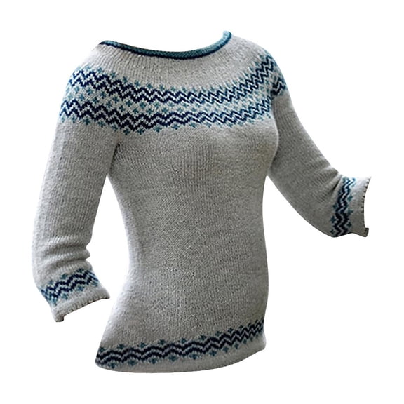 Bovemsi Sweaters for Women Cozy Women's Knitted Isle Print Retro Sweater Casual Loose Crewneck Long Sleeve Lightweight Fall Sweaters
