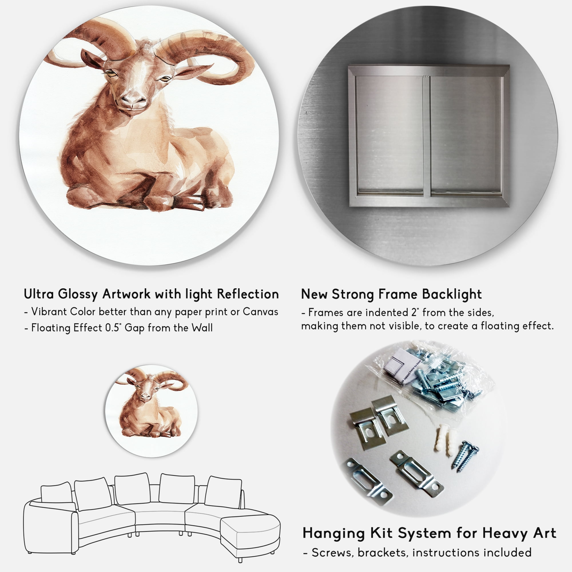 Designart 'Abstract Portrait of Wild Ram With Mighty Horns II' Farmhouse Circle Metal Wall Art 36x36 - Disc of 36