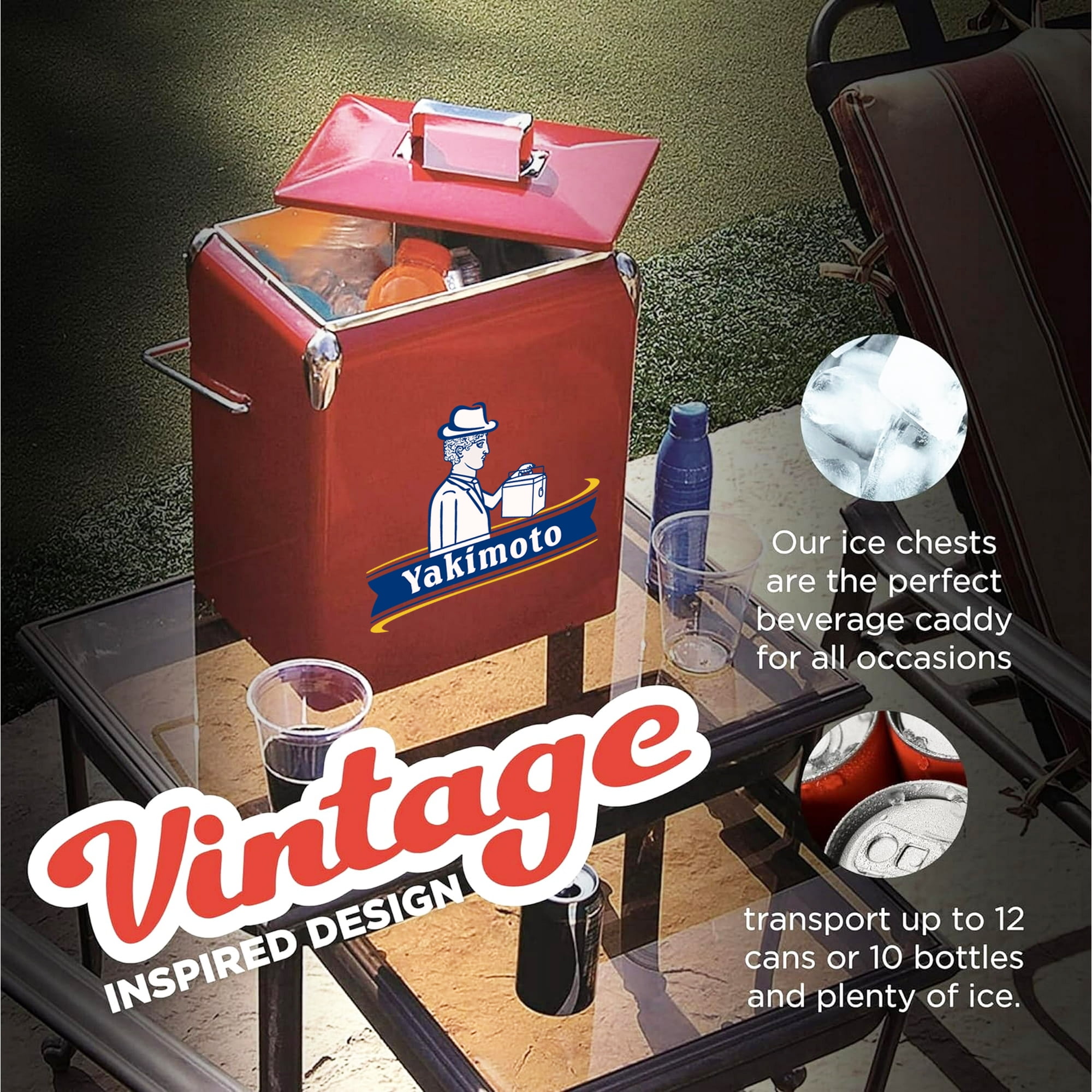 Yakimoto 14-Quart Vintage Metal Beverage Cooler with heavy-duty handle and secure locking lid for keeping drinks cold during outdoor tailgating