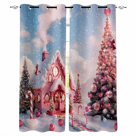 Hokiten Pink Christmas Blackout Curtains | Light Blocking Print Window Curtains, Xmas Tree Farmhouse Snowflake Thermal Insulated Window Drapes for Living Room Kitchen Cafe (2 Panels, 55"W x 39"L)