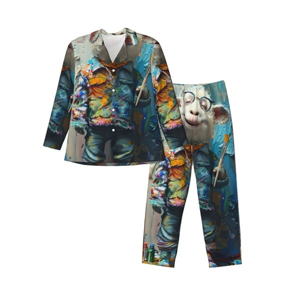 Fotbe Whimsical Goat Artist Pijama de Hombre con Estampado de Manga Larga, Conjunto de 2 Piezas, Ropa de Dormir Suave y Cómoda con Bolsillos-Medium