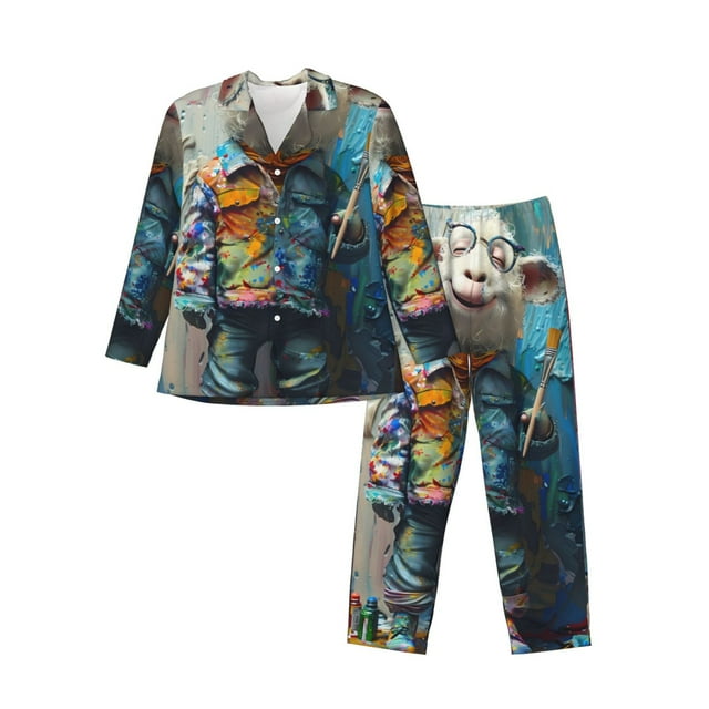 Fotbe Whimsical Goat Artist Pijama de Hombre con Estampado de Manga Larga, Conjunto de 2 Piezas, Ropa de Dormir Suave y Cómoda con Bolsillos-Medium