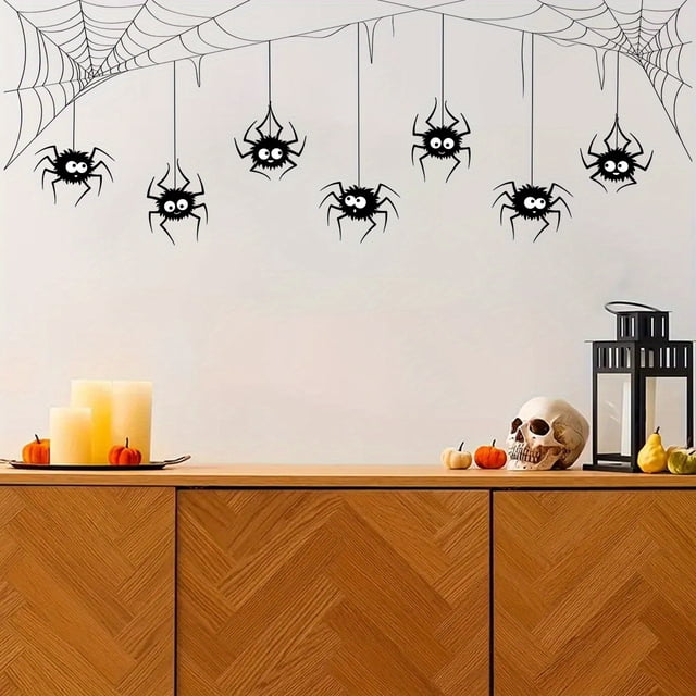 Contemporary Animal Theme Wall Stickers - Semi-Matte PVC Spider & Web Decals, Self-Adhesive & Detachable Horror Spider Decoration for Halloween, Plastic Surface-Compatible, Rectangle Shape