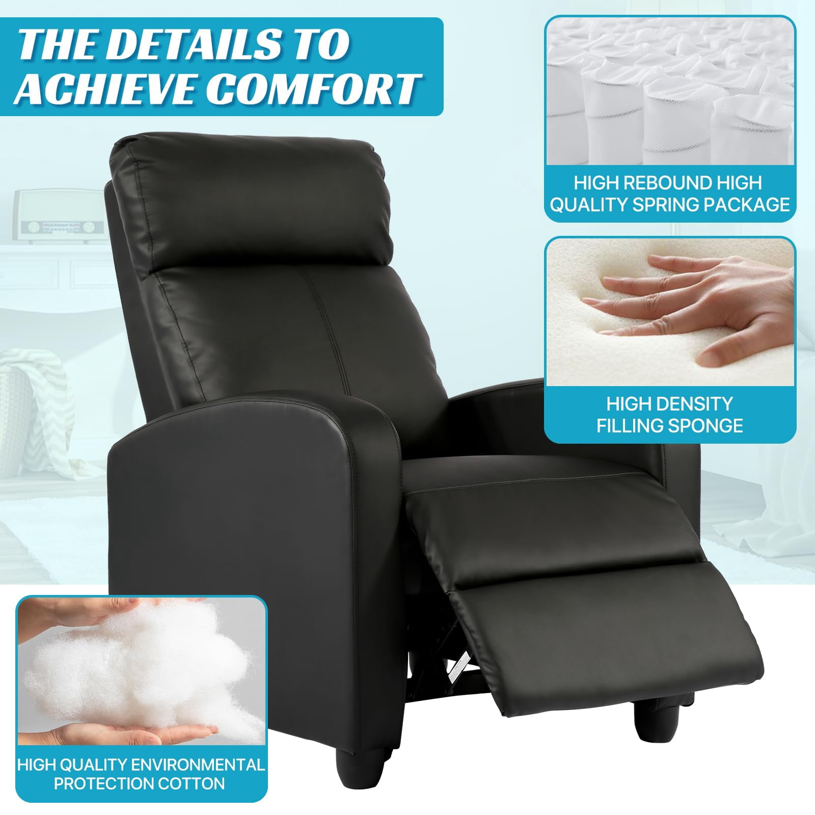 NiamVelo Recliner Chair for Adults, PU Leather Recliner Sofa with Lumbar Support, Adjustable Modern Reclining Chair with Padded Seat Backrest for Home, Living Room, Theater （Black）