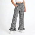 thumbnail image 2 of dazeni Girls Gingham Pants Kids Casual Elastic High Waist Plaid Trousers Soft Ruffle Hem Wide Leg Pants with Pockets Black 11-12 Years, 2 of 7