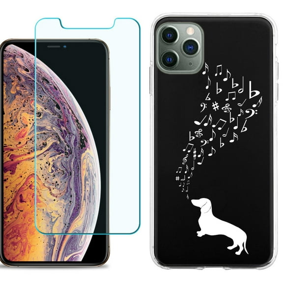For Apple iPhone 11 Pro Max Phone Case , Slim-Fit TPU Case with Tempered Glass Screen Protector, by OneToughShield ® - Dachshund/Puppy Music
