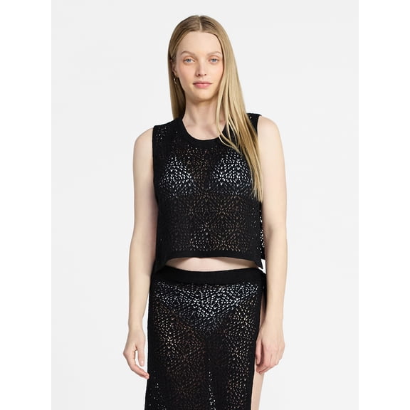 No Boundaries Cropped Crochet Knit Poncho with Side Ties, Women's