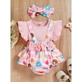 thumbnail image 2 of Cenuakty Baby Girls Outfits Set Fake Two Piece Suspender Bowknot Patchwork Donut/Flower Printed Ruffle Triangle Romper with Headband, 2 of 9