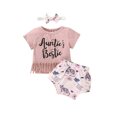 

ZIYIXIN 3Pcs Infant Baby Girls Cute Clothes Letter Short Sleeve Tassel T Shirts+Rainbow/Leopard/Floral Print Shorts Sets Pink 12-18 Months