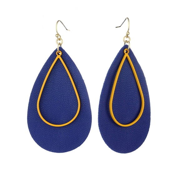 Women's Faux Leather Open Cut Metal Teardrop Dangle Pierced Earrings, Navy/Mustard