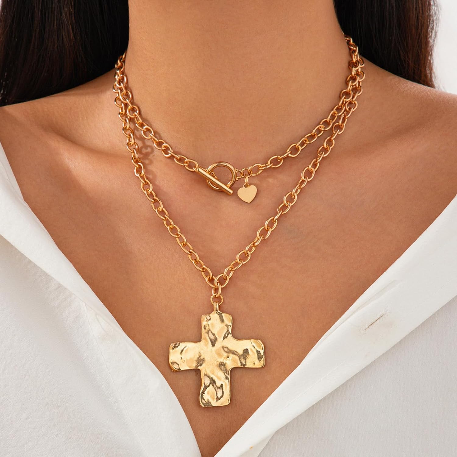 Chunky Cross Necklace for Women Gold Chunky Cross Pendant Necklace Layered Heart Toggle Necklace Hammered Cross Statement Necklace Thick Chain Necklace Jewelry