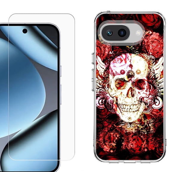ShockProof Phone Case for Google Pixel 10a, with Screen Protector, by OneToughShield - Rose Skull