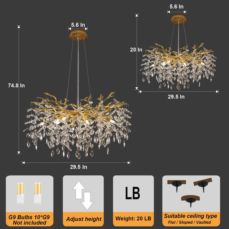 Contemporary Crystal Chandelier – Gold Tree Branch Design, 31.5” Wide, Adjustable Hanging, 10 G9 Bulbs