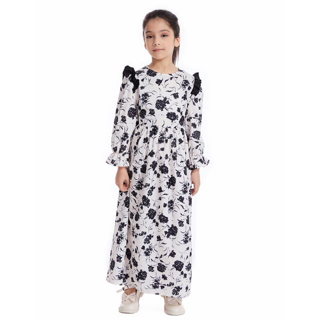 GDREDA Tenues d'Été pour Filles Robe à Manches Longues à Fleurs Décontractée Robes Imprimées à Fleurs Robe à Taille Nouée pour Enfants Robe Maxi Tenues et Ensemble pour Filles Noir, 13-14 Ans